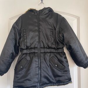 Girls Reversible Warm Jacket. Black Satin & Leopard Fur. Size Small